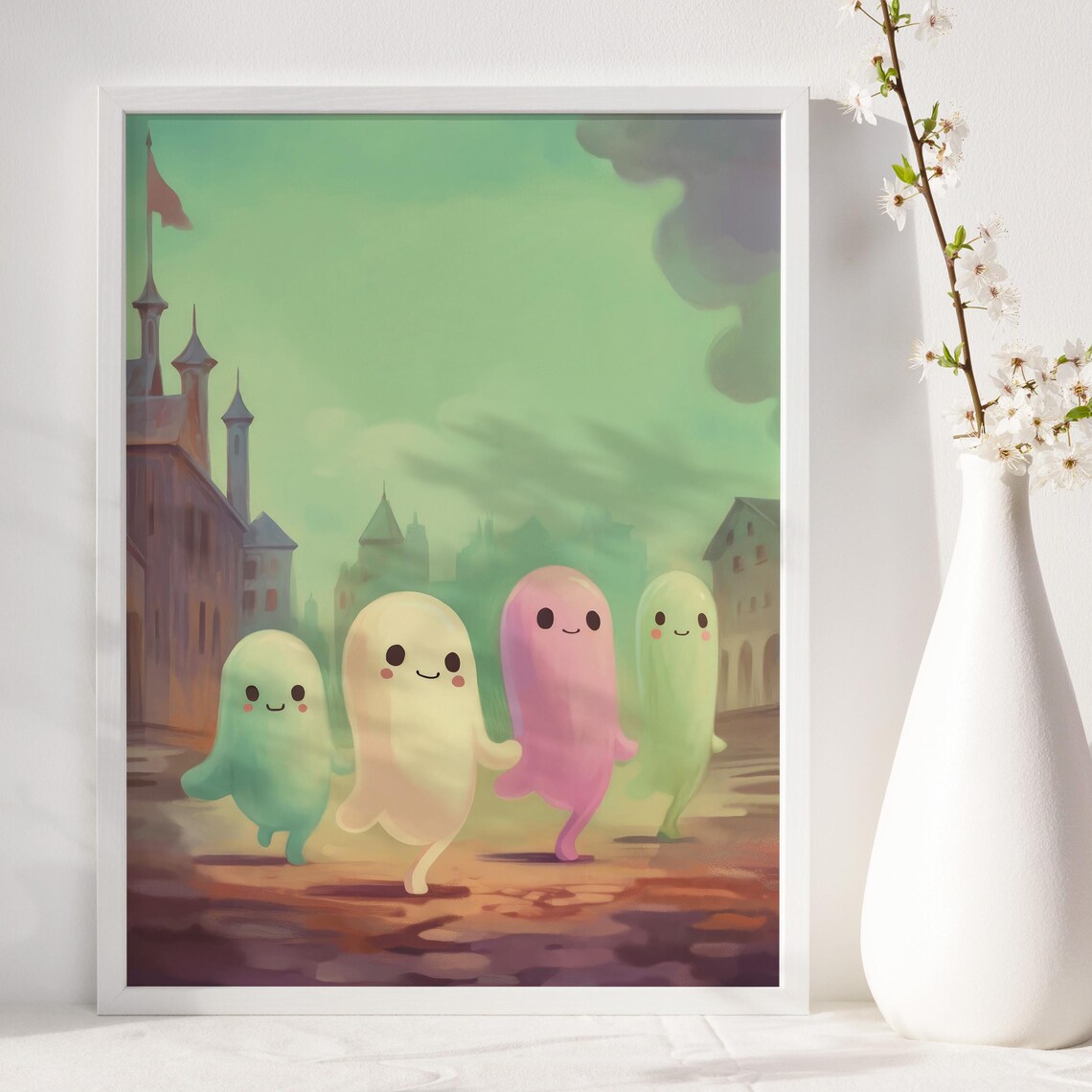 Cute Pastel Ghosts Walking Old Town Square Halloween Nursery Kids Wall Poster - Image 4