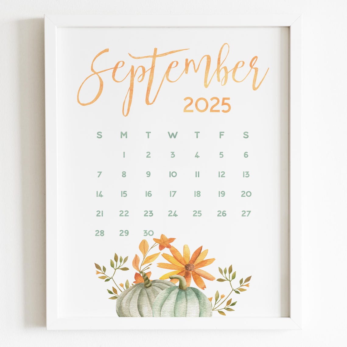 September 2025 Calendar Green Pumpkins Wood Frame Rustic Planner - Image 5