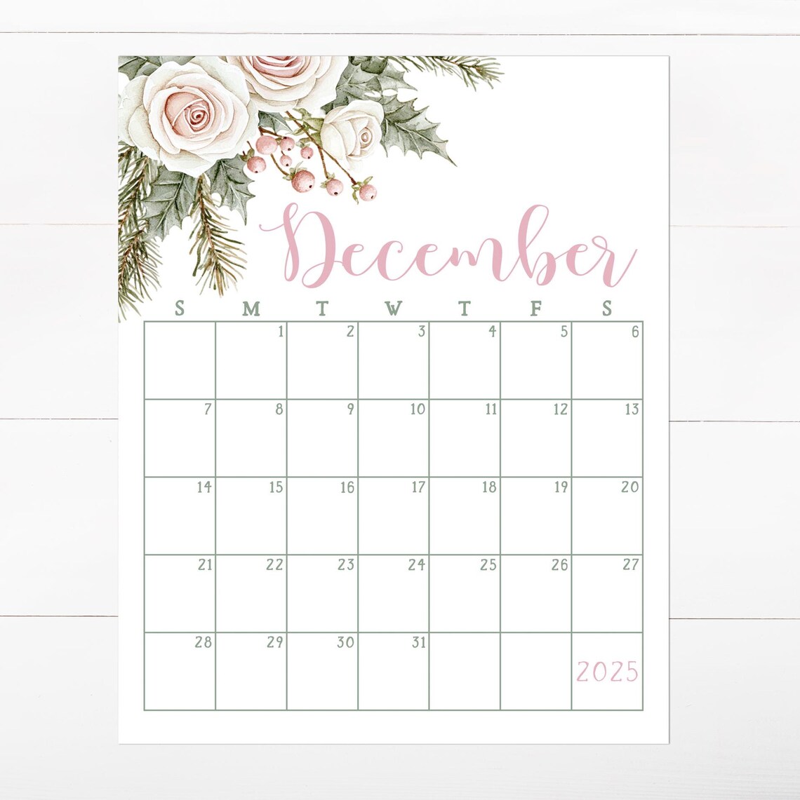 December 2025 Calendar Pink Roses Holly Blush Floral Wall Planner - Image 2