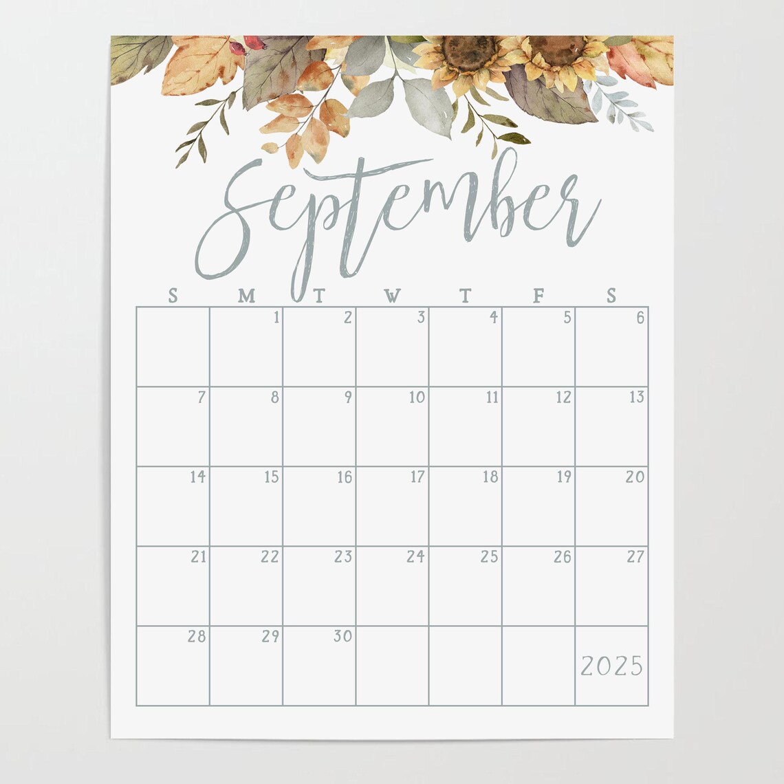 September 2025 Calendar Autumn Sunflowers Fall Leaves Planner Print - Image 4