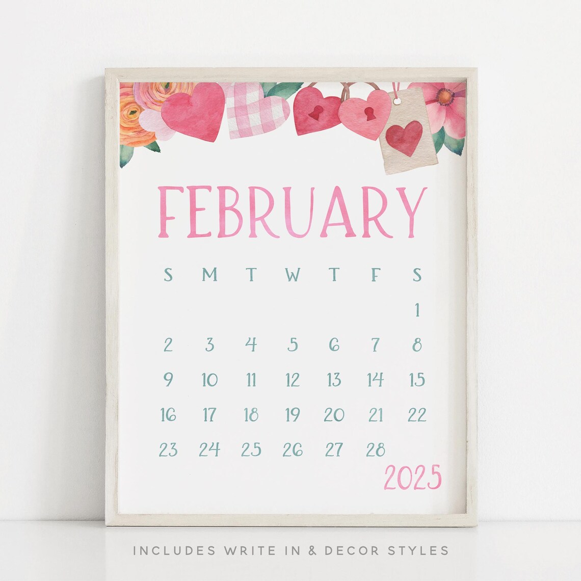 February 2025 Calendar Hearts Garland Valentine Monthly Planner Art - Image 3