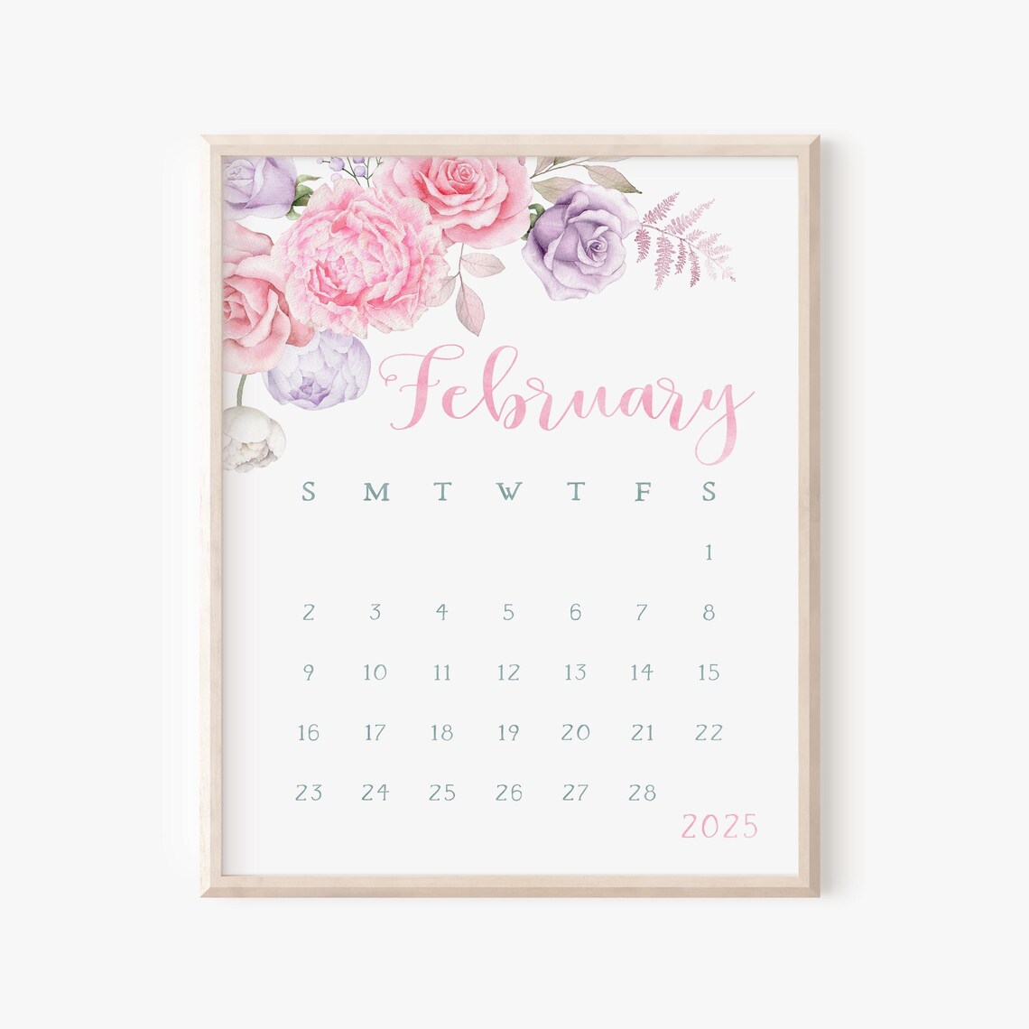 February 2025 Calendar Pink Purple Rose Floral Monthly Planner Art - Image 5