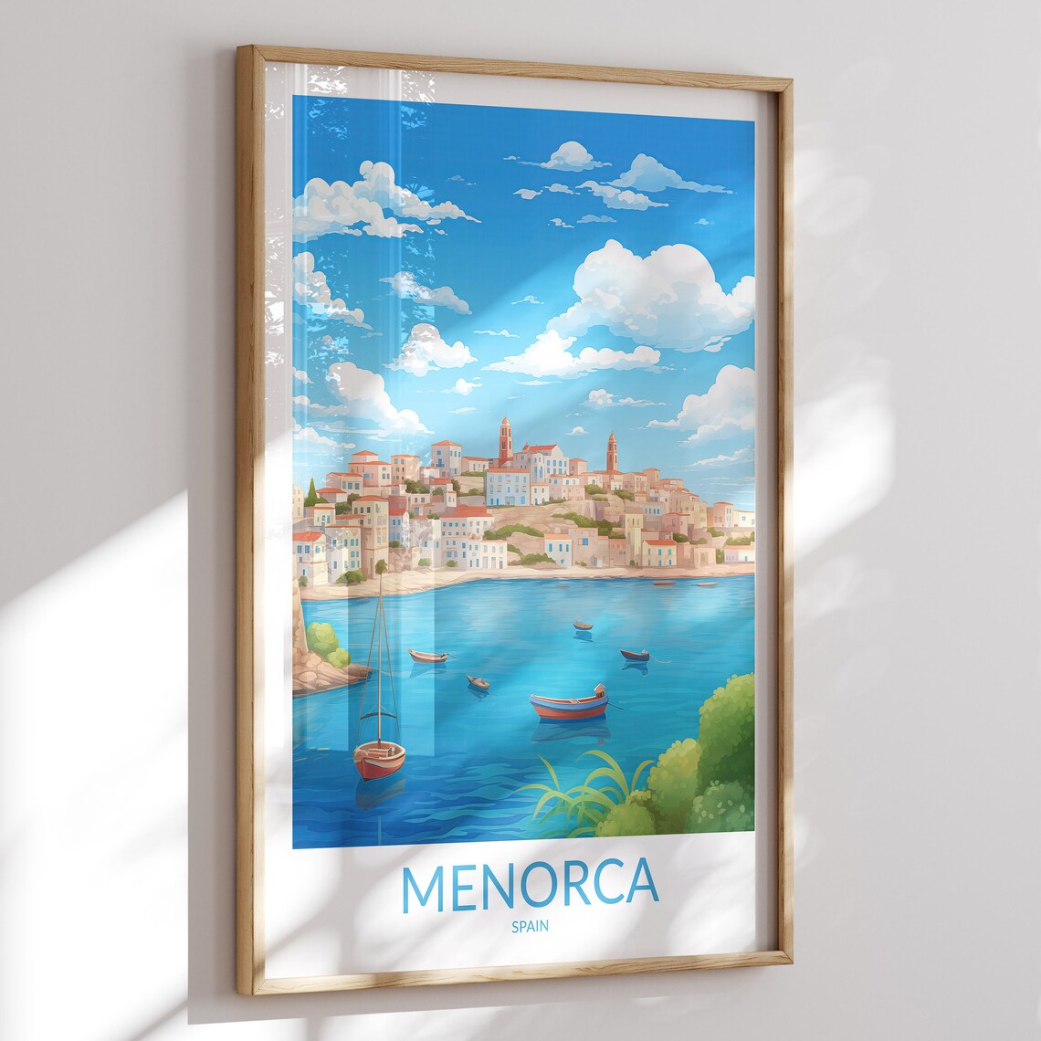Menorca Spain Coastal Town Travel Poster with Boats in the Harbor