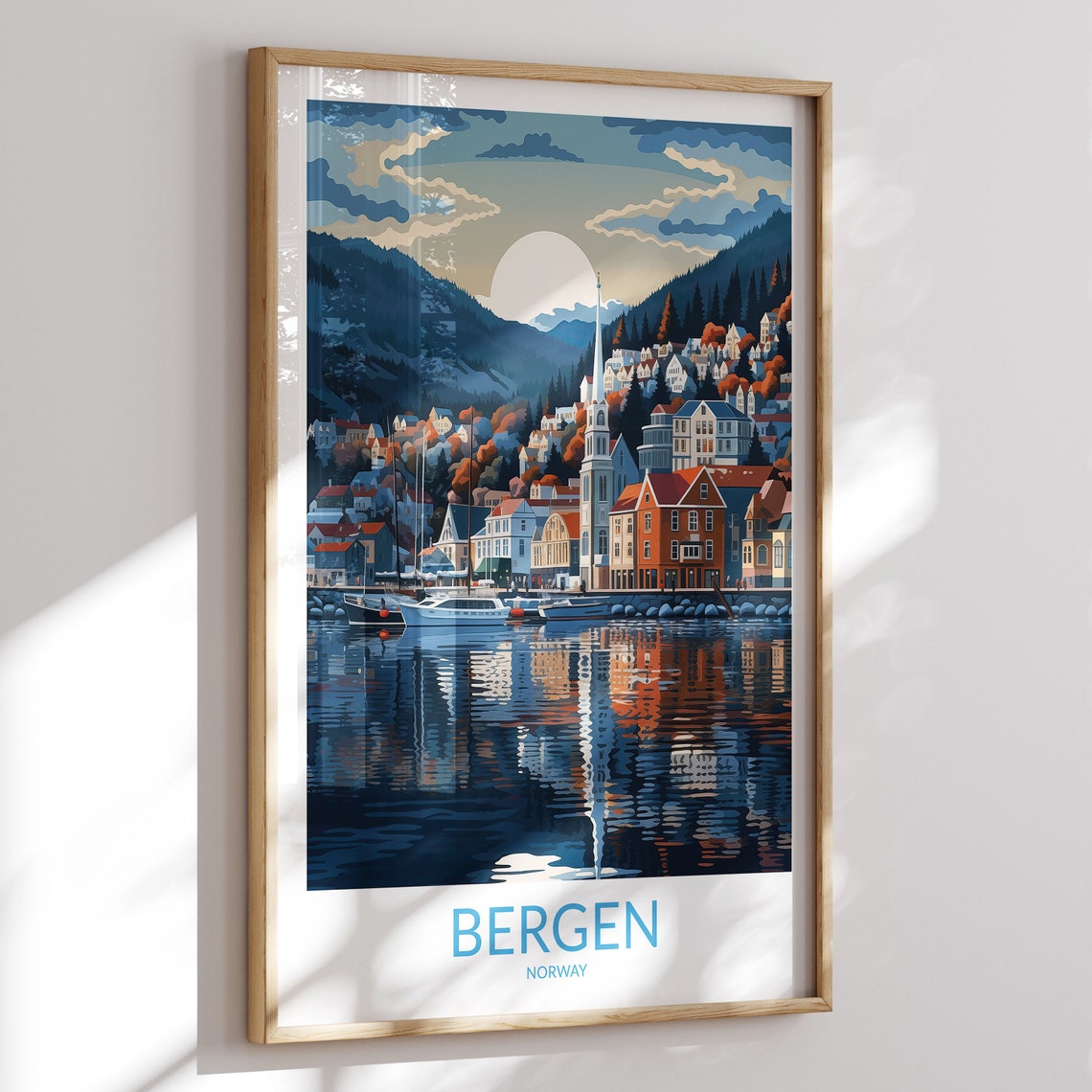 Bergen Norway Harbor Houses Church Spire Mountain Retro Poster