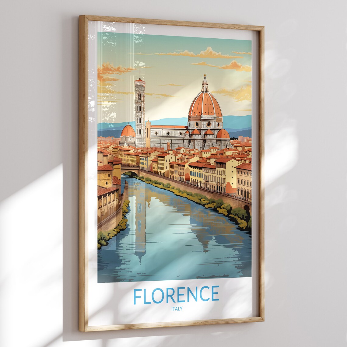 Florence Italy Arno River Sunset Cathedral Skyline View Travel Poster
