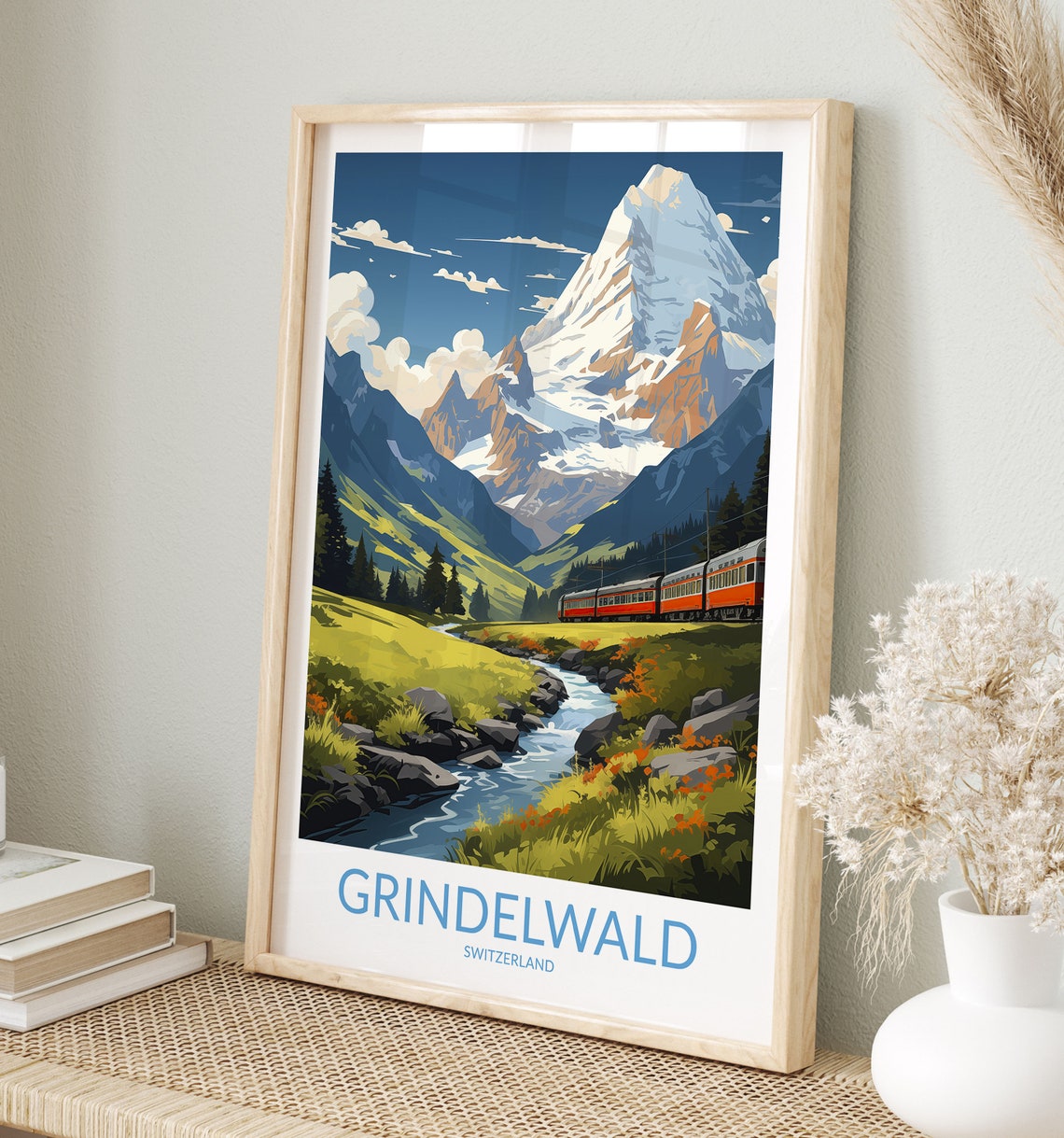 Grindelwald Switzerland Red Alpine Train Mountain Scene Poster