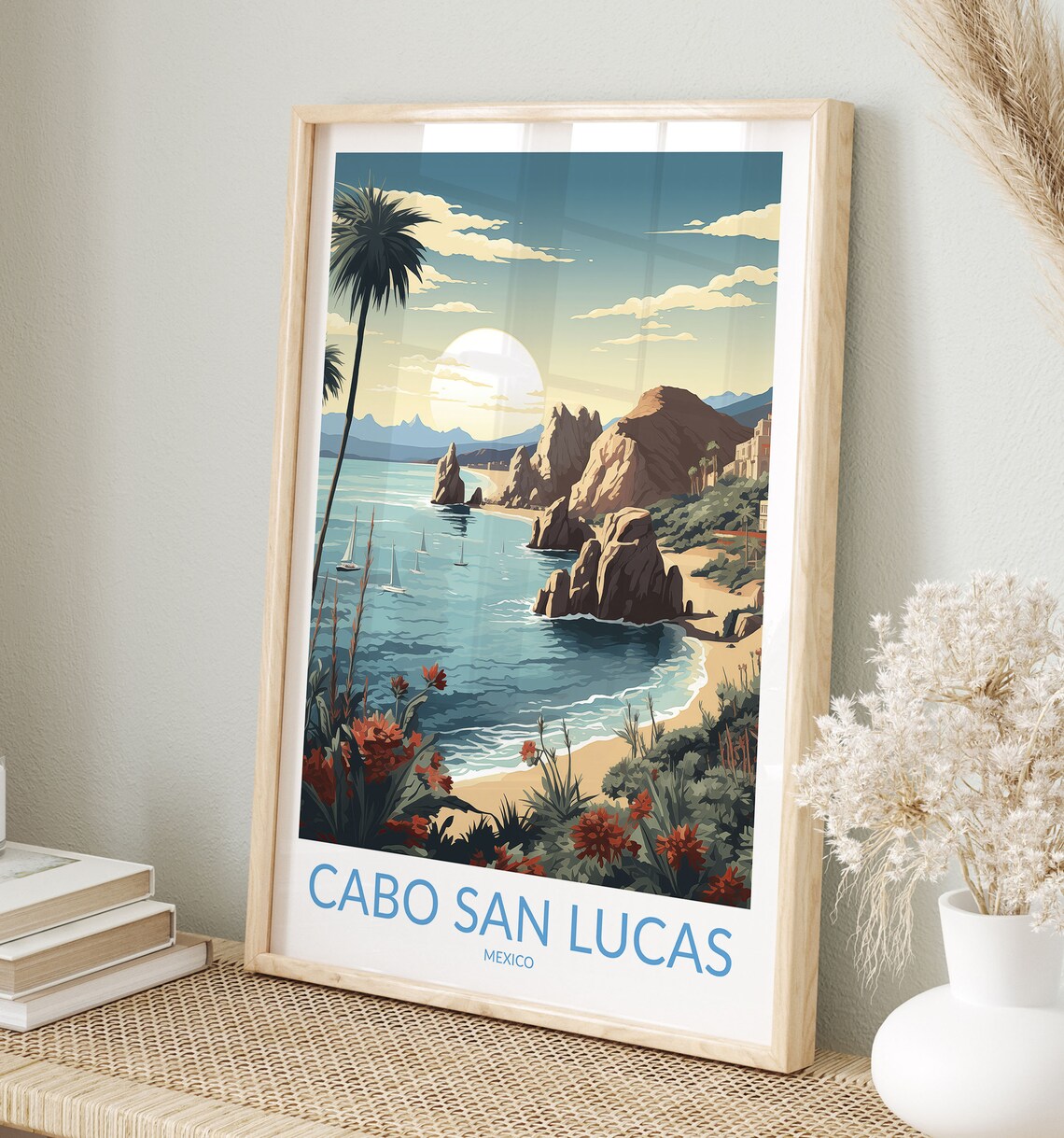 Cabo San Lucas Mexico Golden Sunset Bay and Sailboats Travel Poster