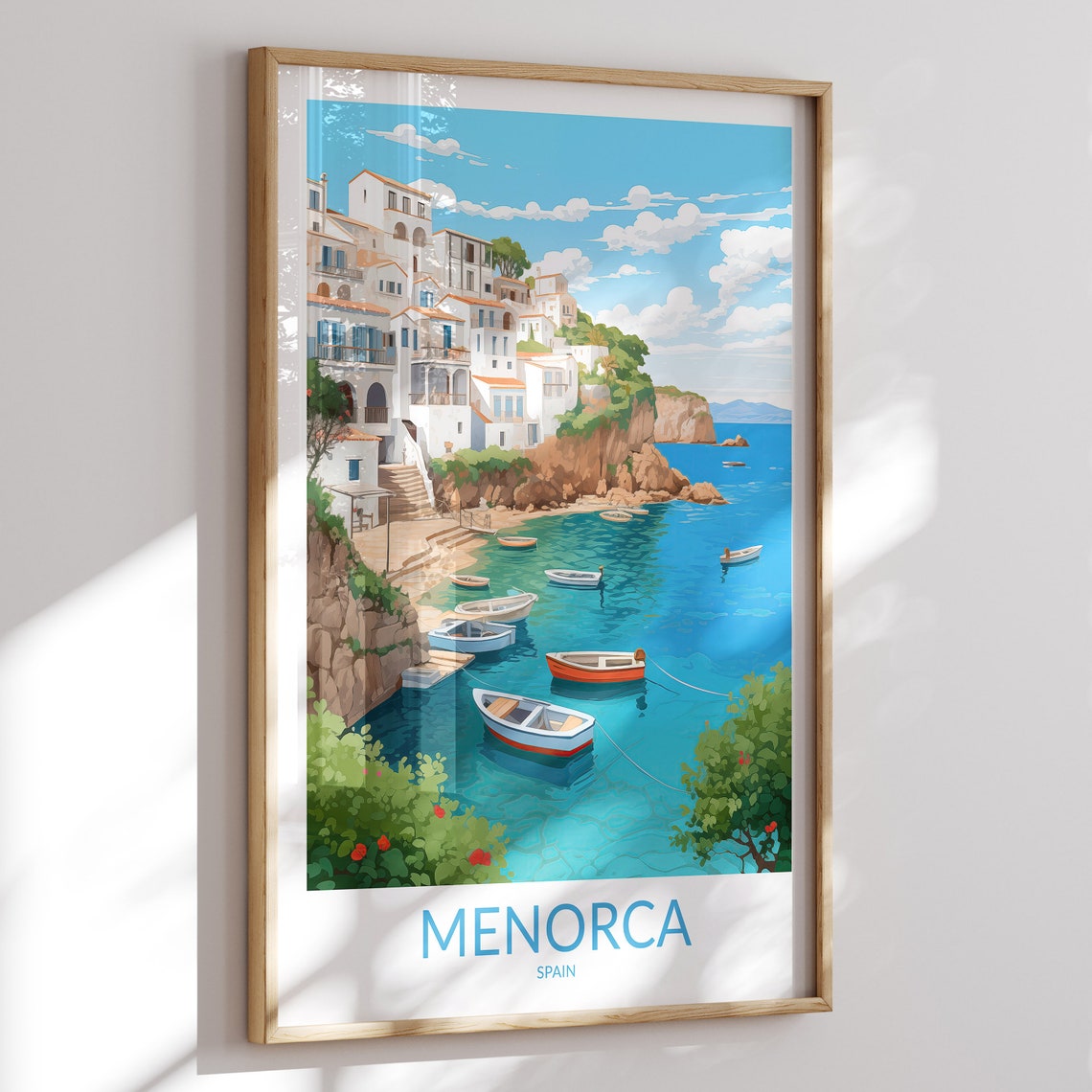 Menorca Spain Whitewashed Cliff Village Turquoise Cove Poster