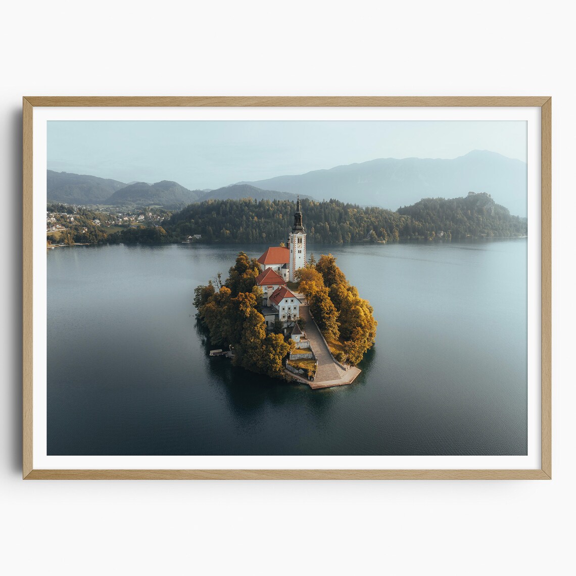 Lake Bled Island Church Aerial View In Morning Haze Slovenia Poster