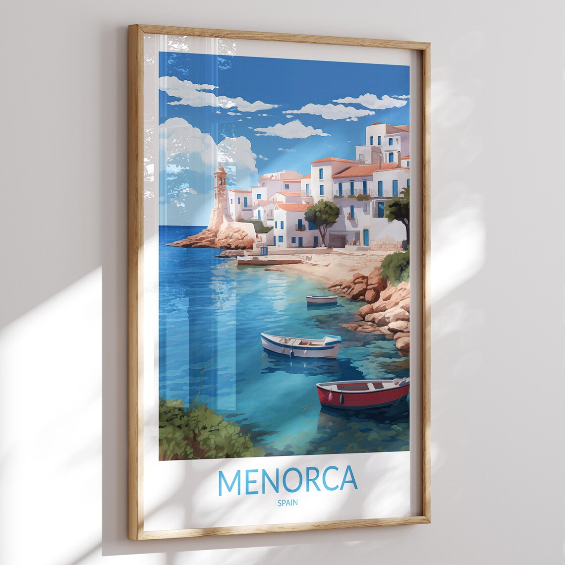Menorca Spain Rocky Cove Travel Poster with Red and White Rowboats