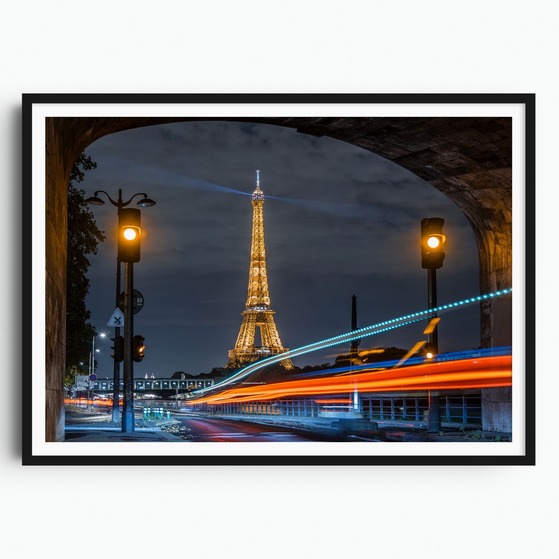 Eiffel Tower Paris Night Light Trails Arch View City Lights Poster