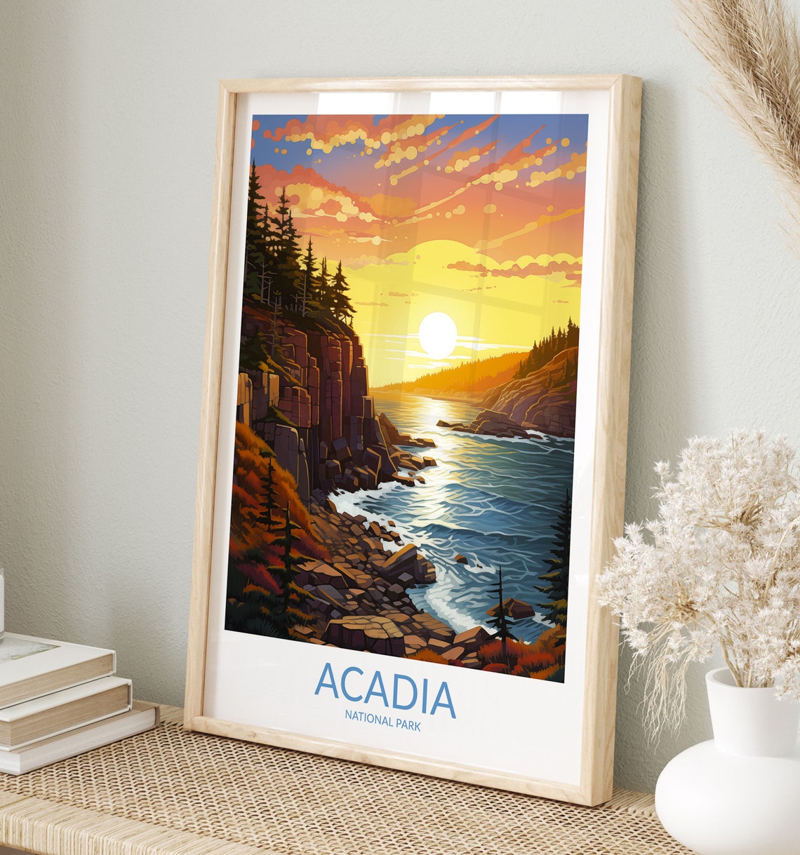 Acadia National Park Golden Sunset Cliffs Coastal Ocean Scene Poster