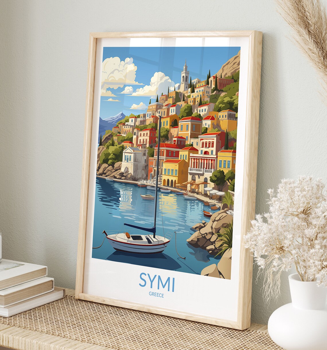 Symi Greece Sailboat Harbor Waterfront Houses Scene Art Poster