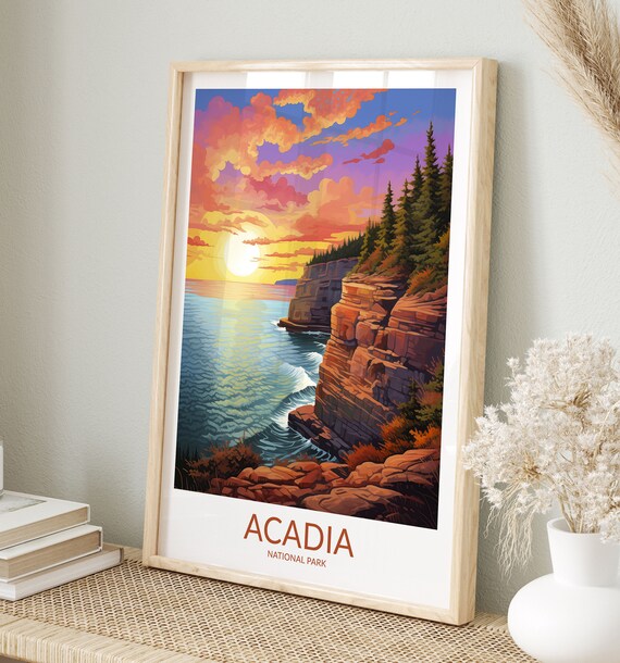 Acadia National Park Ocean Sunset Layered Red Cliffs Coastal View Poster