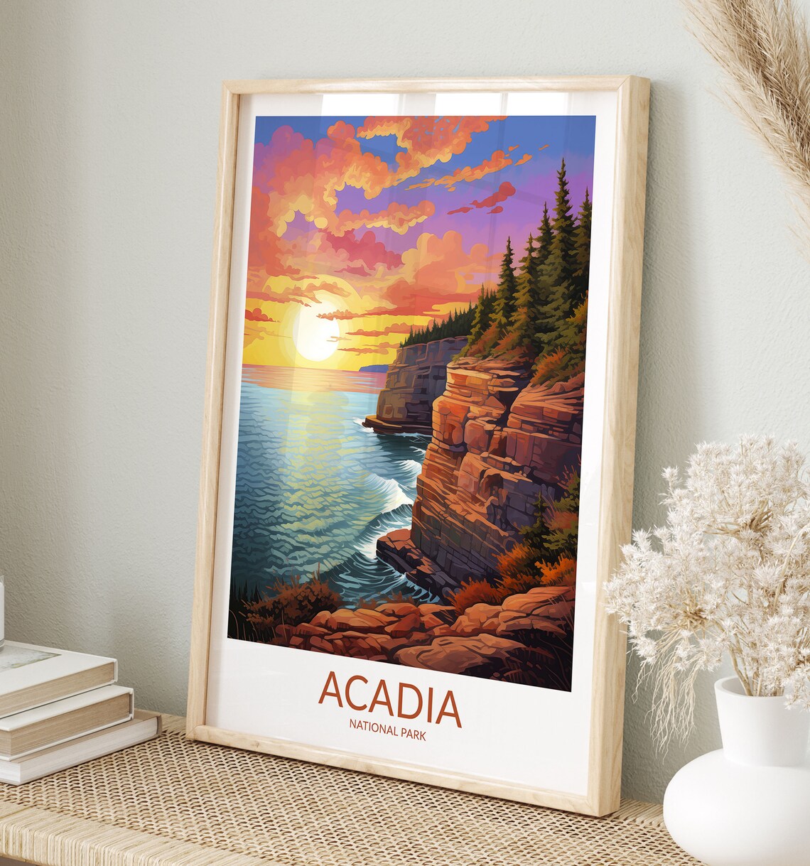 Acadia National Park Ocean Sunset Layered Red Cliffs Coastal View Poster