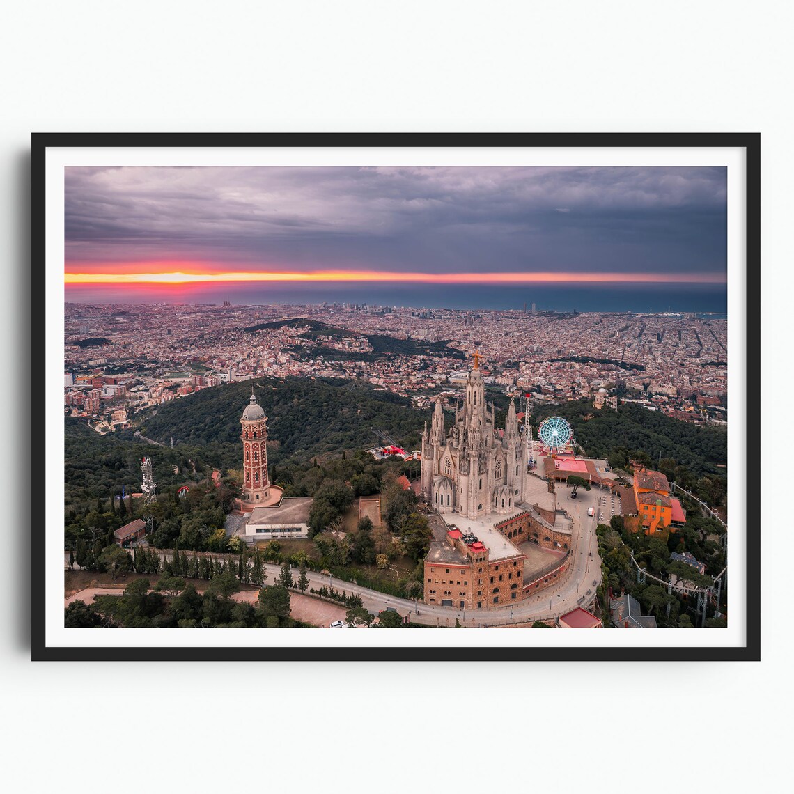Tibidabo Hill Sunrise Sagrat Cor Church City Sea Panorama Poster