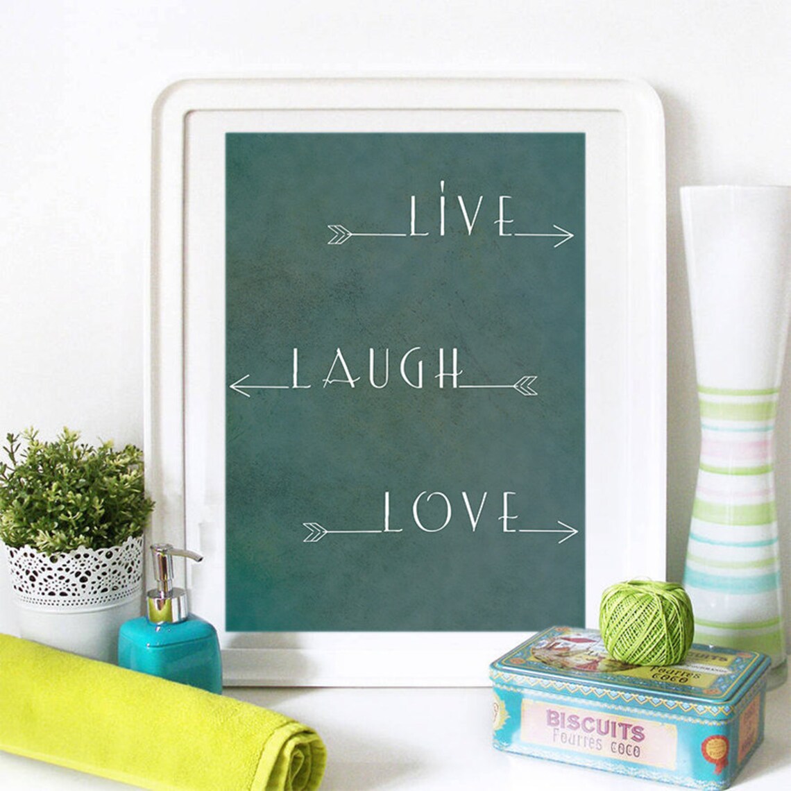 Live Laugh Love Arrow Typography on Teal Textured Wall Poster - Image 2