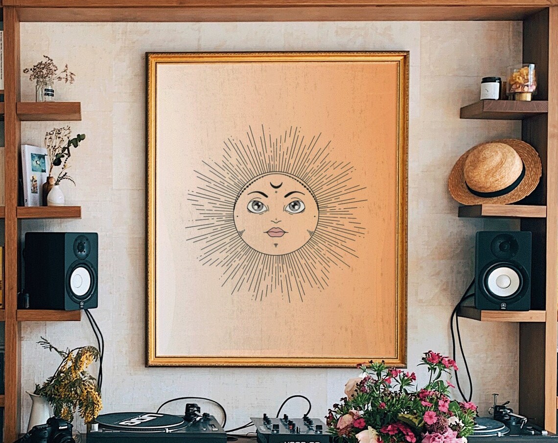 Celestial Line Art Sun Face Peach Minimalist Vintage Spirit Poster