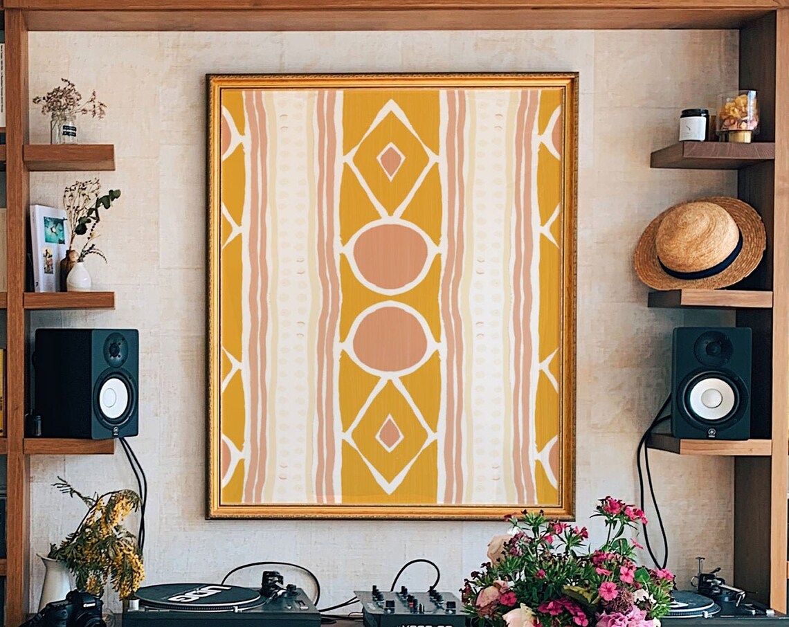 Mustard Yellow Boho Tribal Geometric Diamond Pattern Art Poster