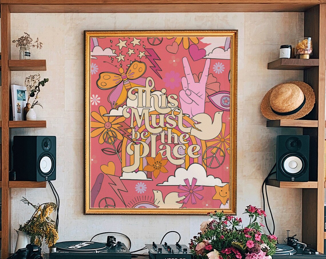 This Must Be The Place Pink Doodle Collage Groovy 70s Art Poster
