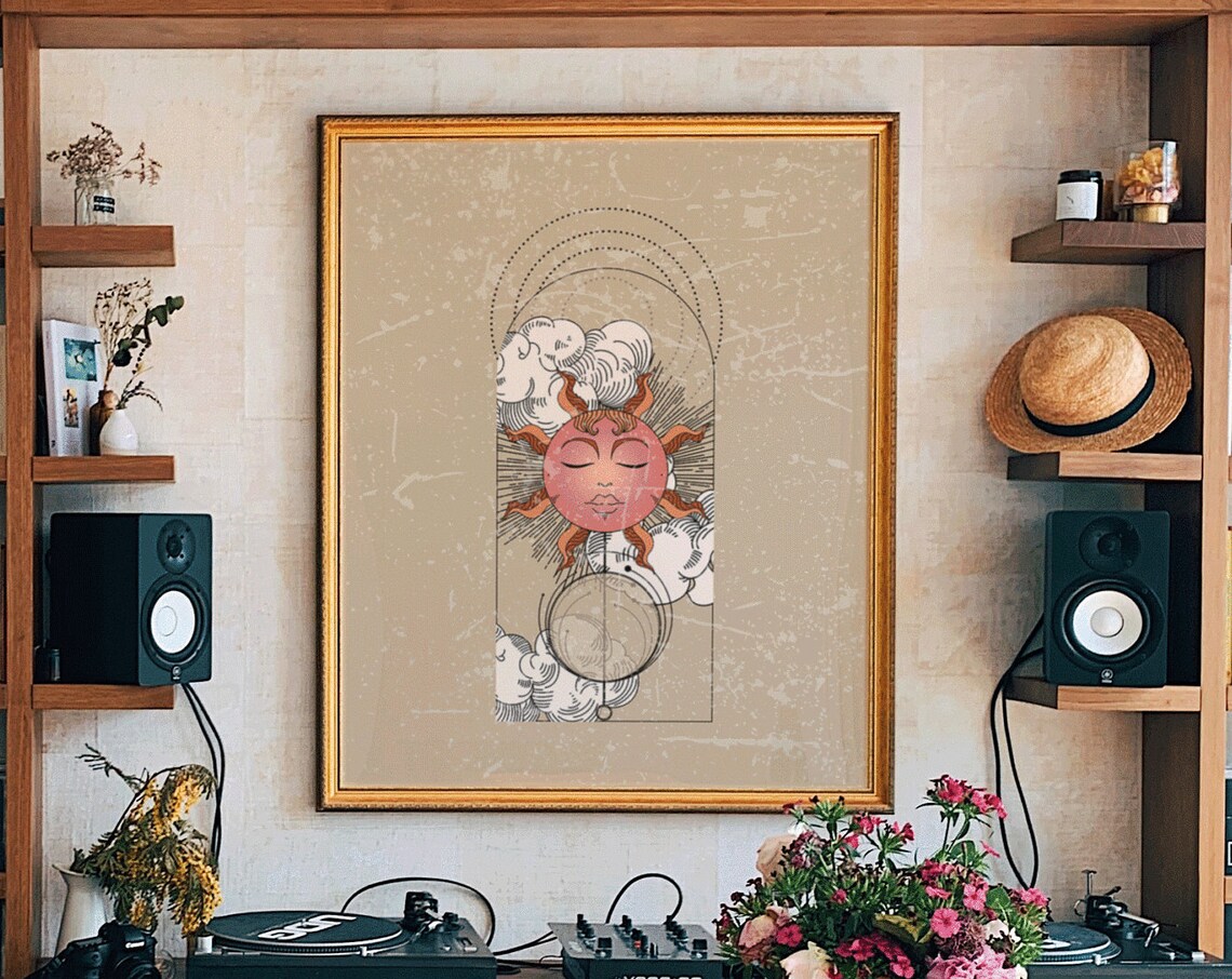 Celestial Sun Moon Face Beige Vintage Archway Neutral Art Poster