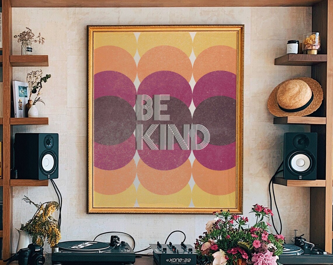Be Kind Retro 70s Scallop Stripe Sunset Colors Typography Poster