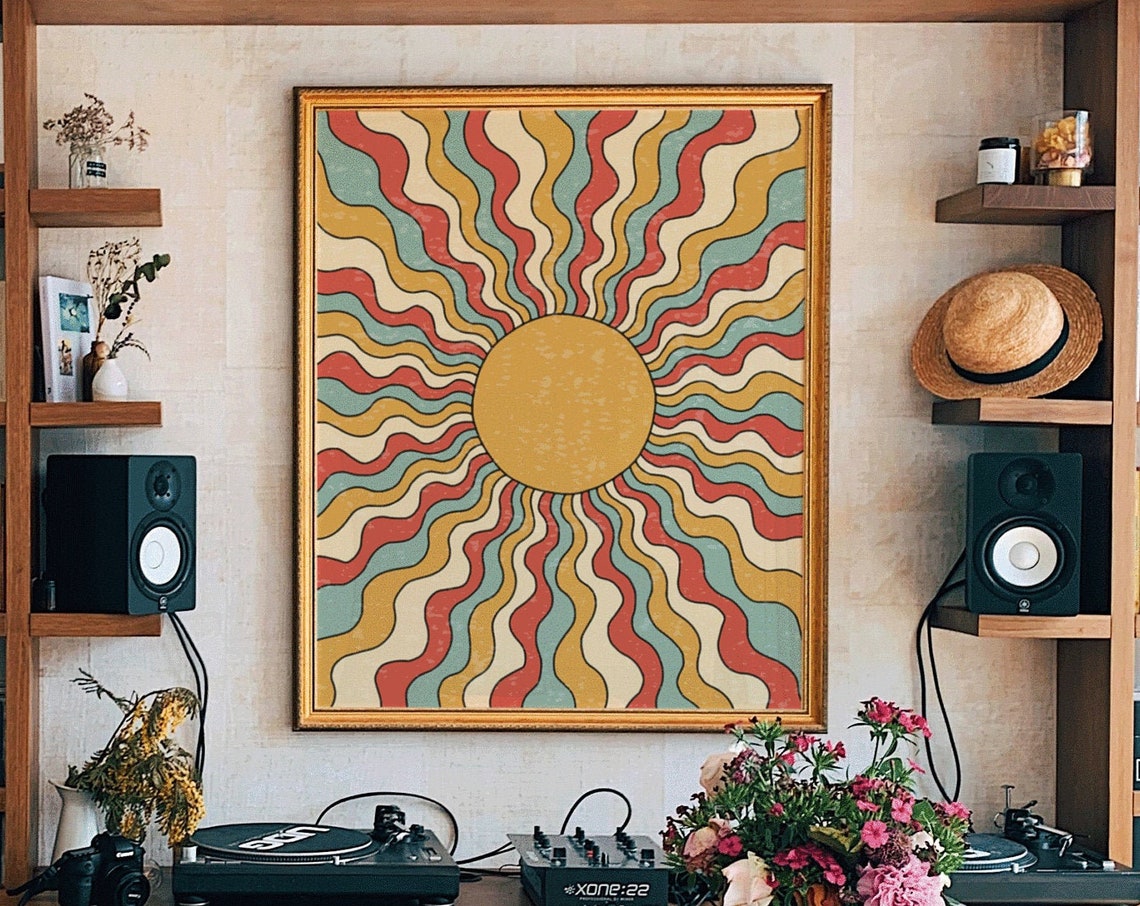 Retro Wavy Sunburst Rays Gold Sun Circle Groovy Rainbow Art Poster - Image 6