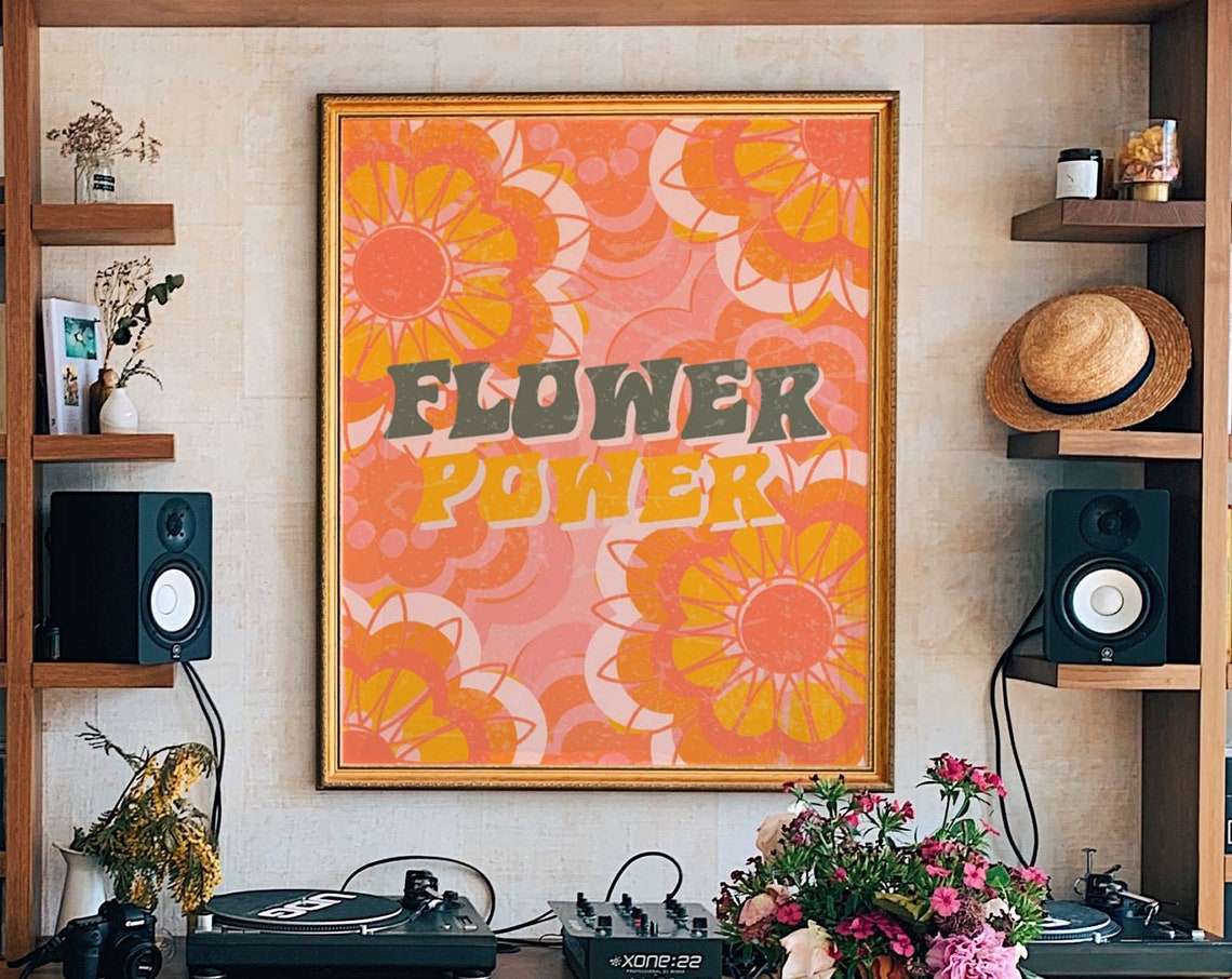 Flower Power Peach Orange Groovy 70s Daisy Wild Retro Poster