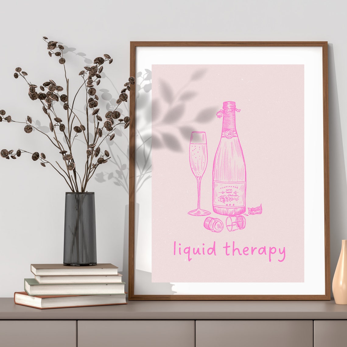 Funny Liquid Therapy Champagne Bottle Pink Line Drawing Poster - Image 2