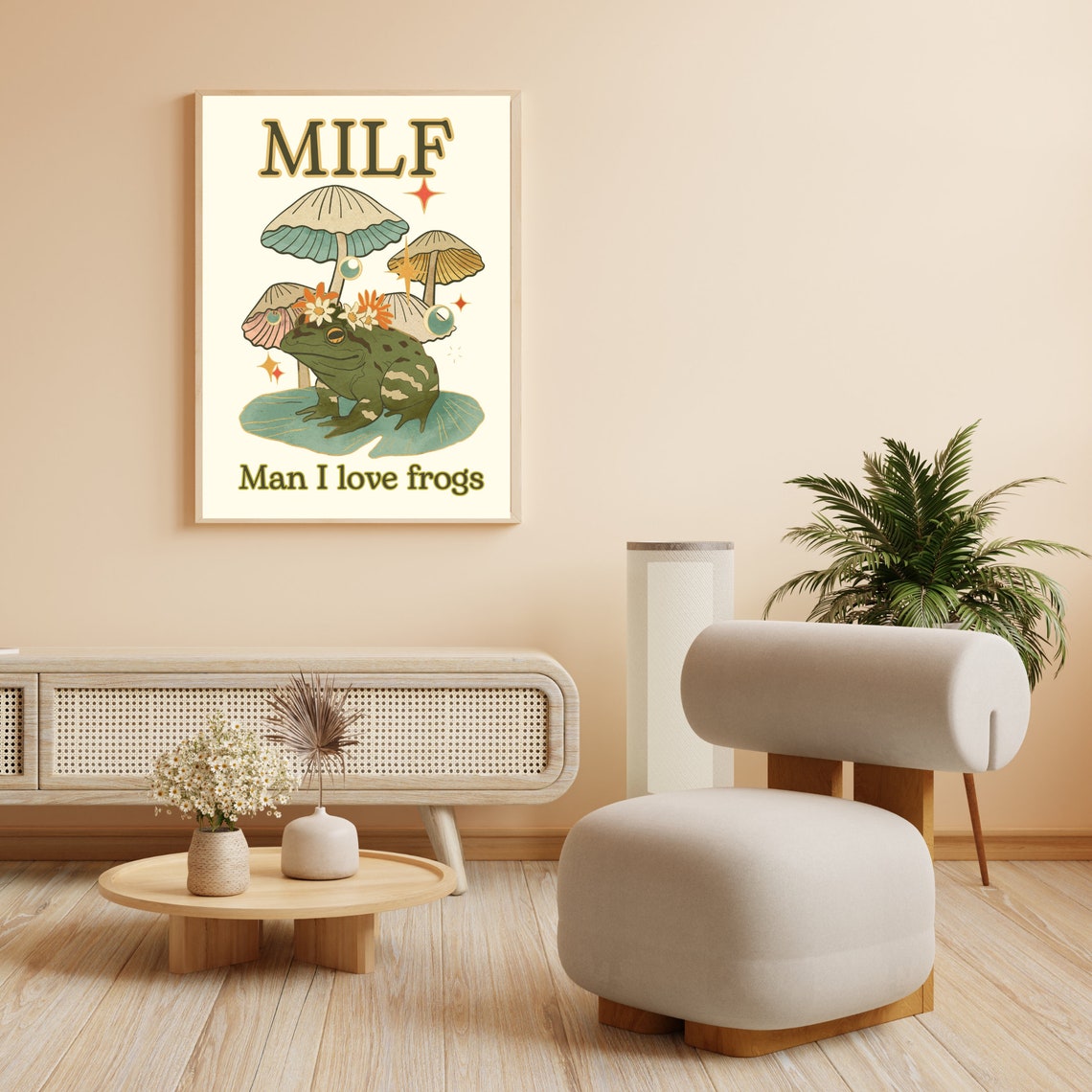 Funny MILF Man I Love Frogs Retro Froggy Mushroom Art Poster - Image 2