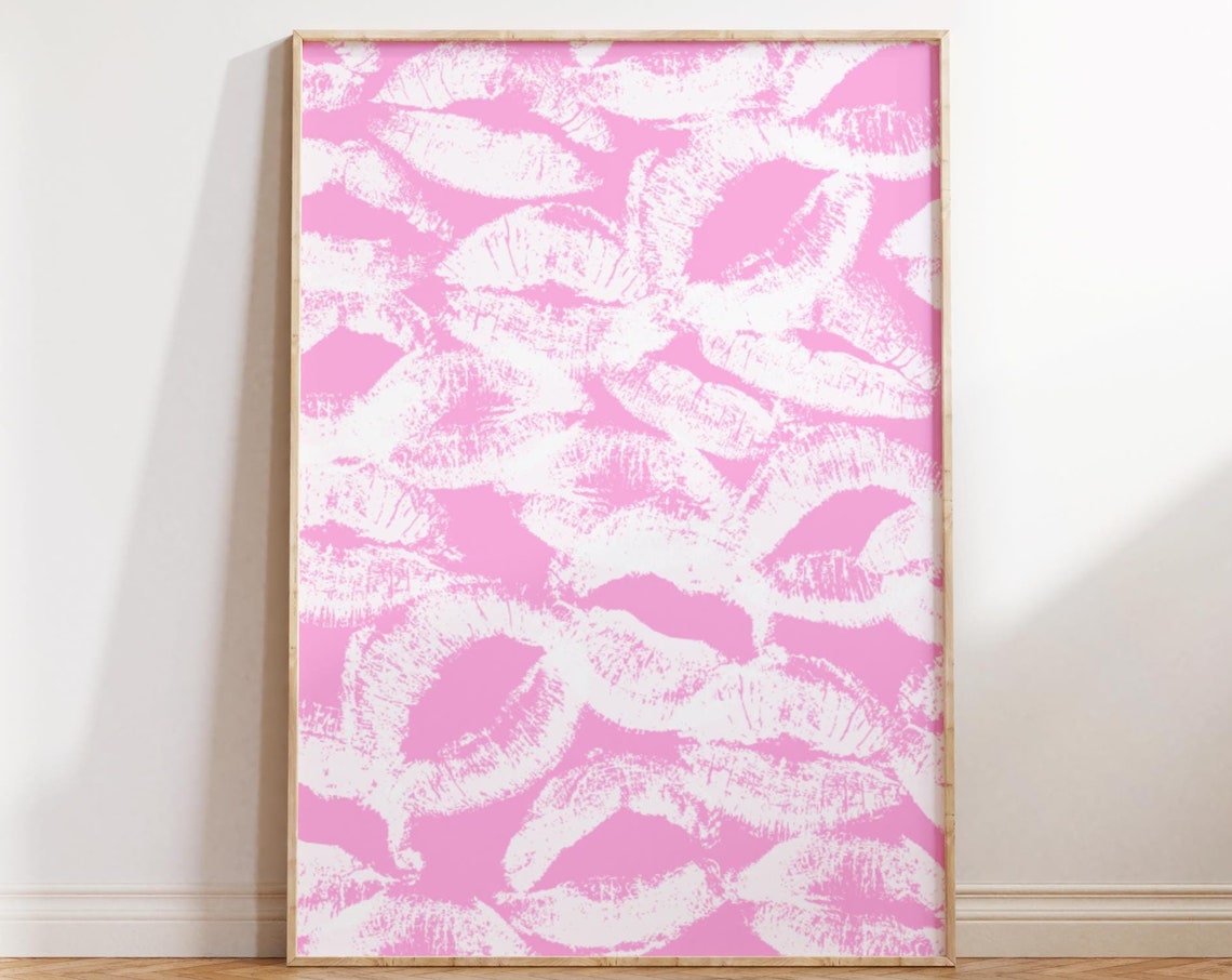 Trendy Lipstick Kiss Print Y2k Funky Wall Art White Light Pink Mouth Kiss Poster Modern Wall Art Print French Kiss Print
