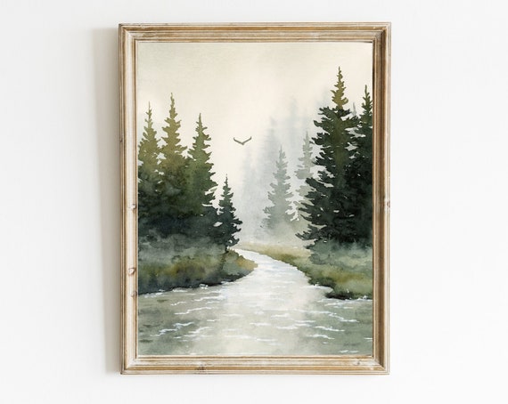 Forest River Watercolor Painting Art Print Mountain Large Pine Tree Wall Rustic Decor Landscape Beige Gray Green