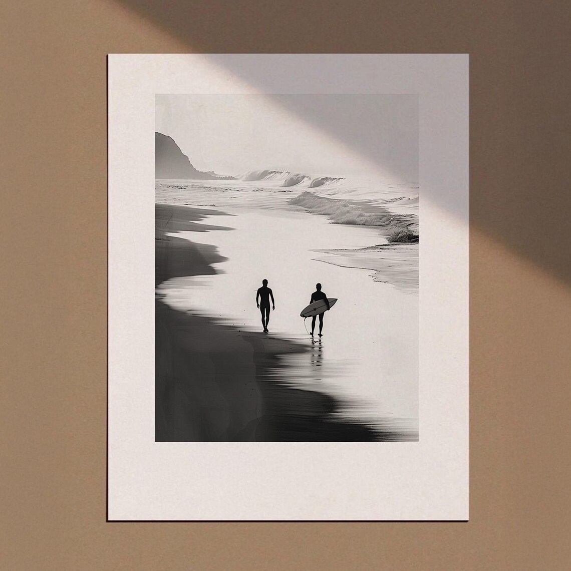 Black and White Surfers Walking Beach Dawn Monochrome Surf Poster