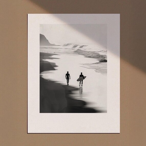 Black and White Surfers Walking Beach Dawn Monochrome Surf Poster