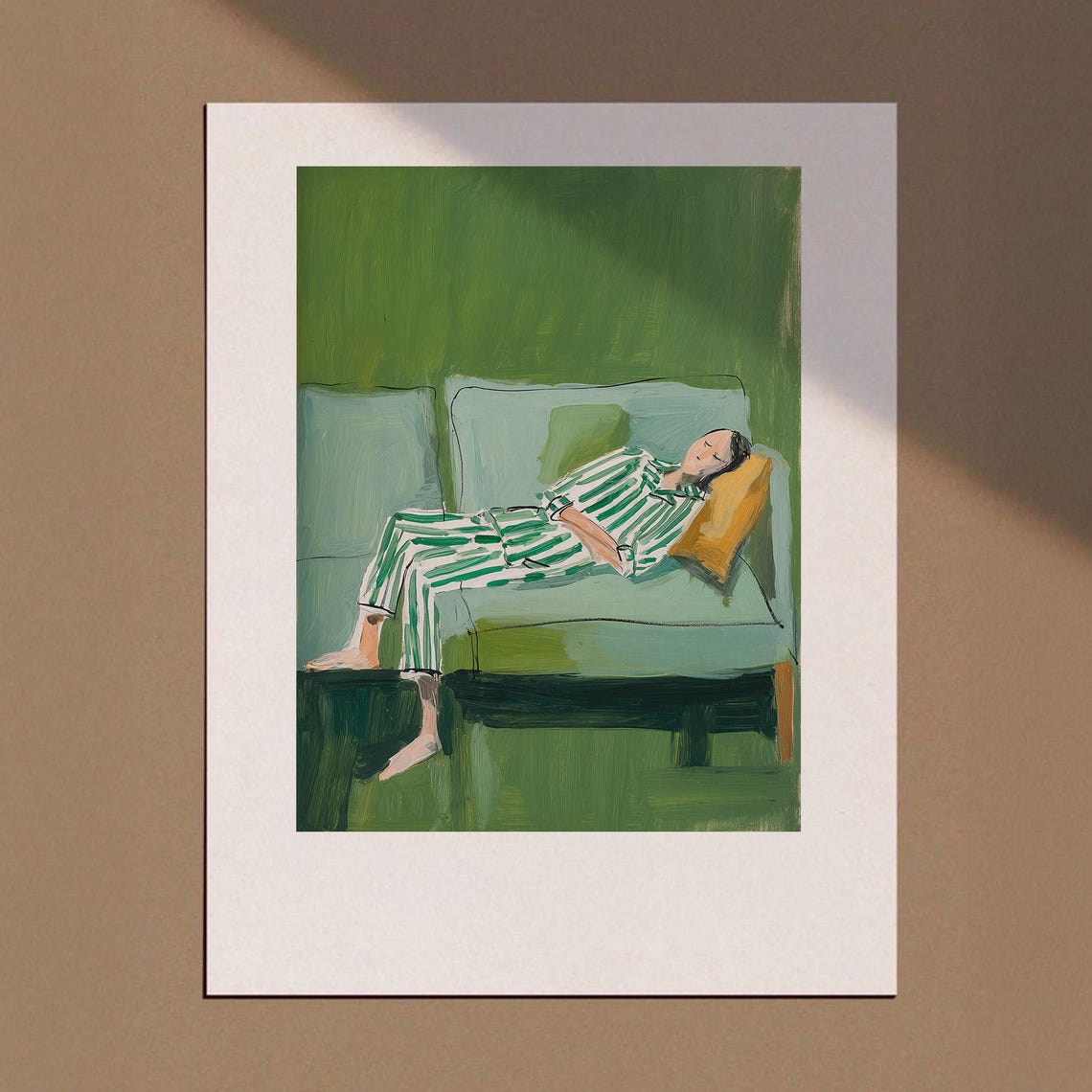 Emerald Green Abstract Woman Wall Art Contemporary Artwork Minimalist Print Living Room Poster Stripe Sleeping