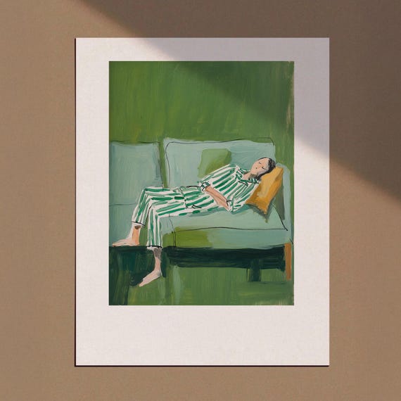 Emerald Green Abstract Woman Wall Art Contemporary Artwork Minimalist Print Living Room Poster Stripe Sleeping