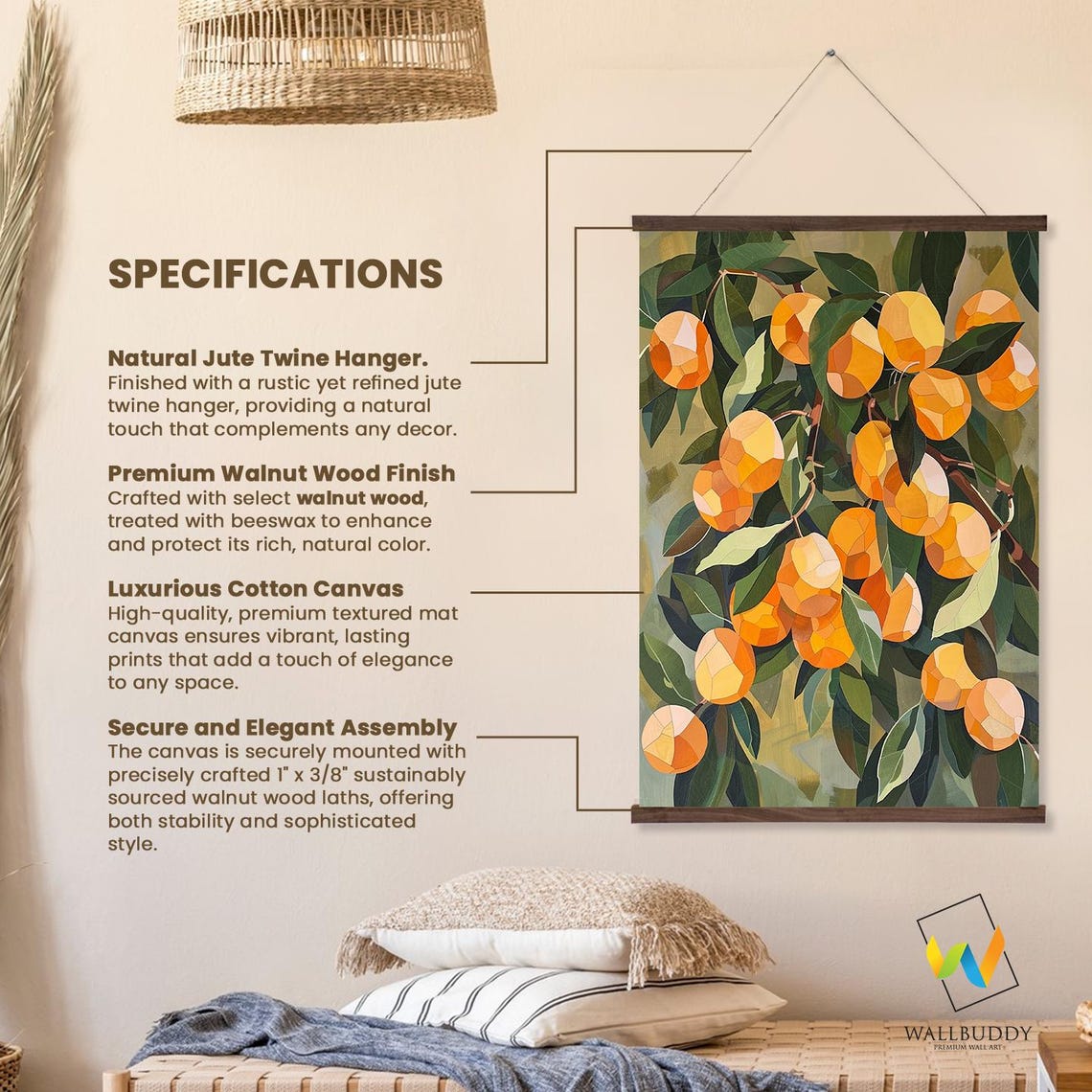 Geometric Citrus Wall Hanging Orange Fruit Modern Botanical Art Home Decor Printed On Premium With Real Walnut Wooden Hangers - Image 2