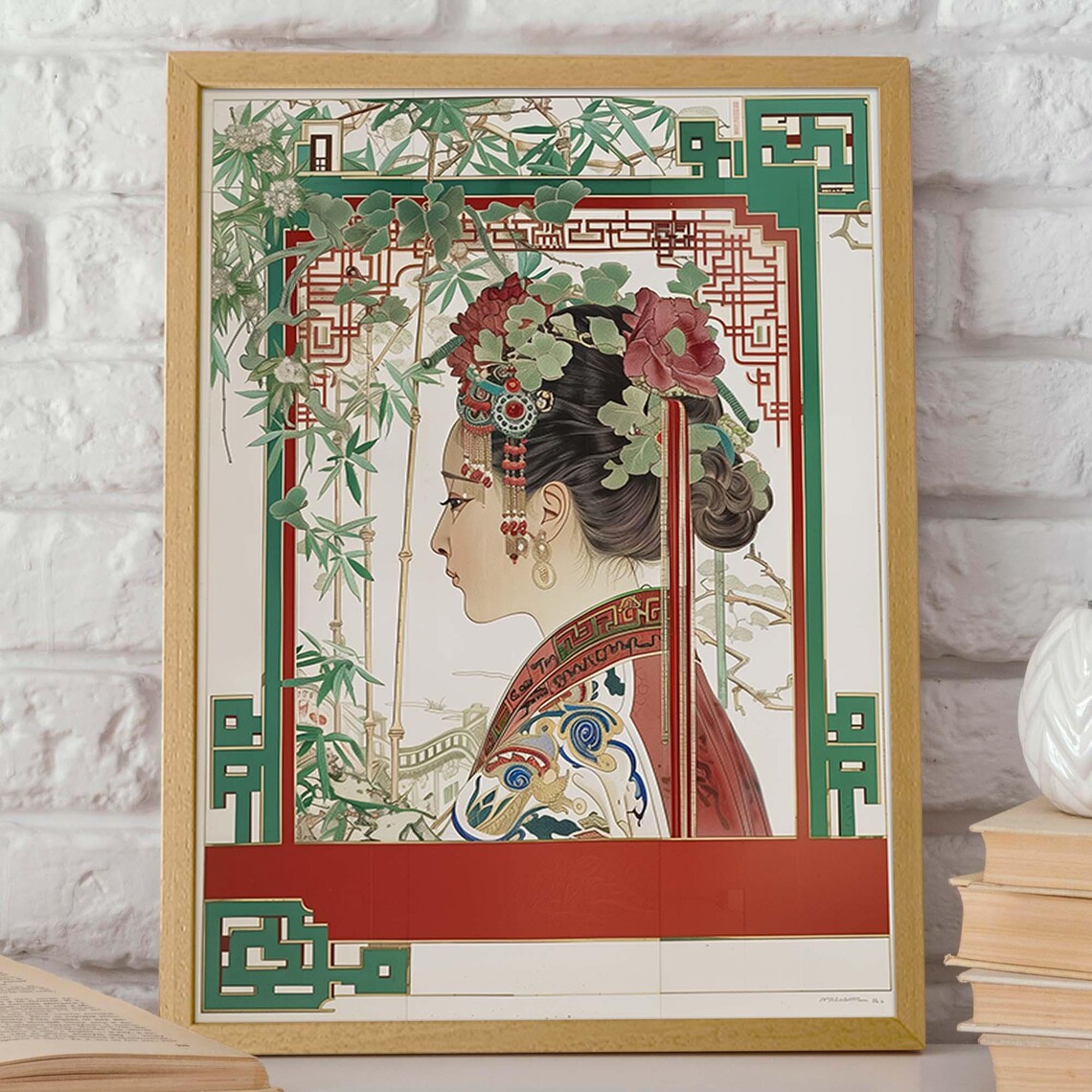Thai Woman In Bamboo Garden Red Green Oriental Nouveau Frame Art Poster - Image 2