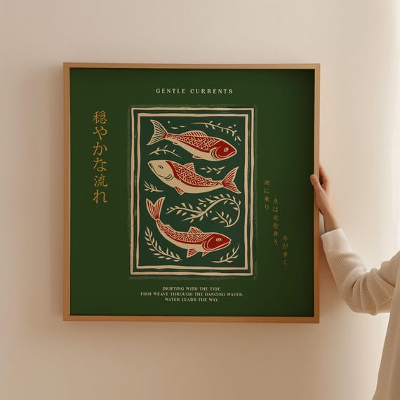Red Koi Fish Sea Wall Art Gentle Currents Japanese Fish Art Print Minimalist Linocut Ocean Poster Green Water Poem Art Square Poster