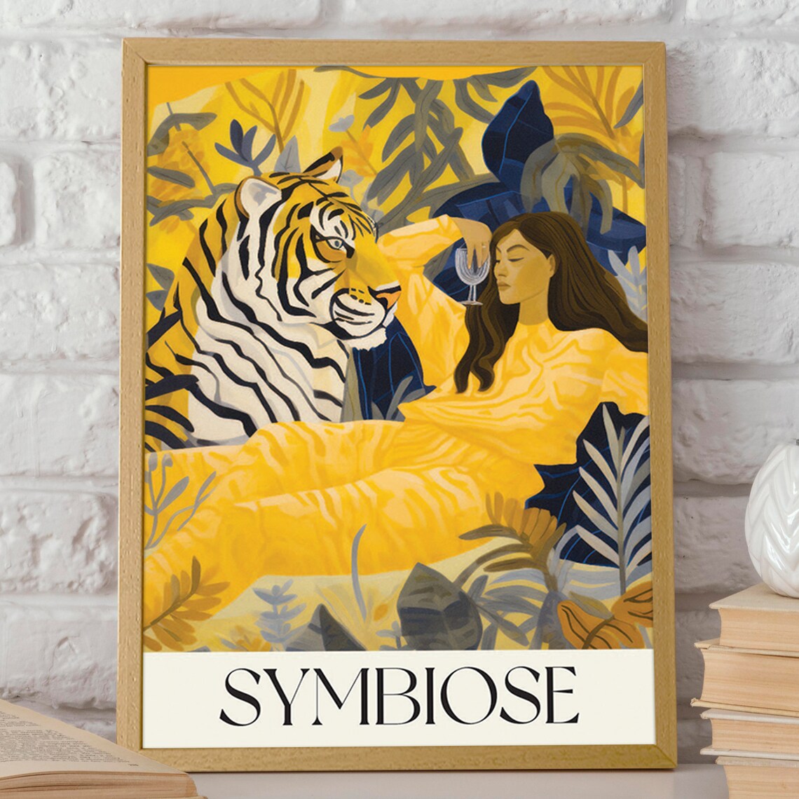 Symbiose Golden Yellow Tiger And Woman Tropical Jungle Floral Art Poster - Image 2