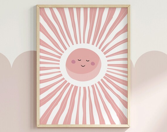 Pink Boho Sun With Smiling Face Radiating Rays Nursery Wall Art
