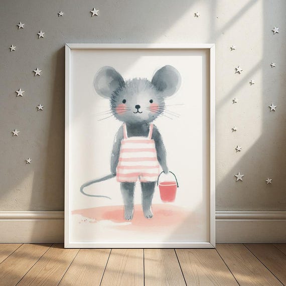 Pastel Beach Mouse Print With Bucket Spade Illustration Toddler Room Decor