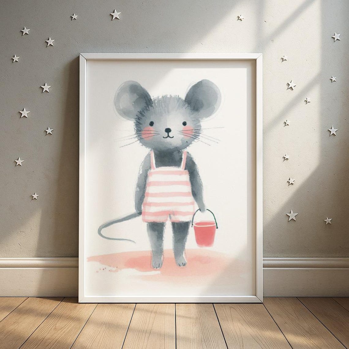 Pastel Beach Mouse Print With Bucket Spade Illustration Toddler Room Decor