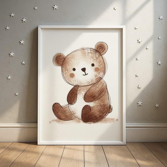 Bear Cute Drawing Nursery Art Adorable Brown Sitting Wall Print Baby Room Decor