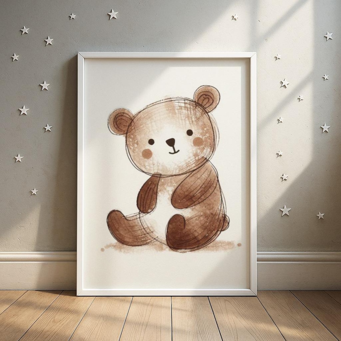 Adorable Watercolor Brown Bear Sitting Nursery Baby Room Poster