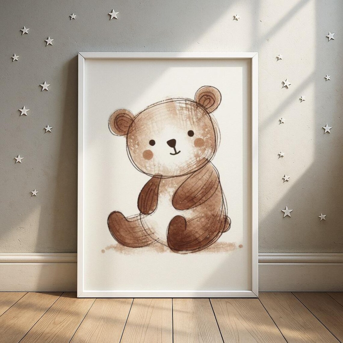 Bear Cute Drawing Nursery Art Adorable Brown Sitting Wall Print Baby Room Decor