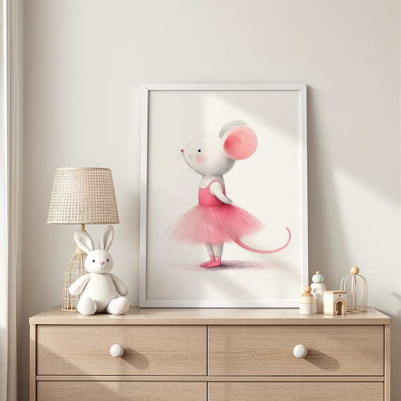 Little Mouse Ballerina Pink Tutu Watercolor Nursery Dance Poster