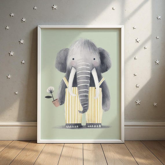 Striped Floral Mammoth Print Safari Animal With Flower Illustration Kids Room Decor