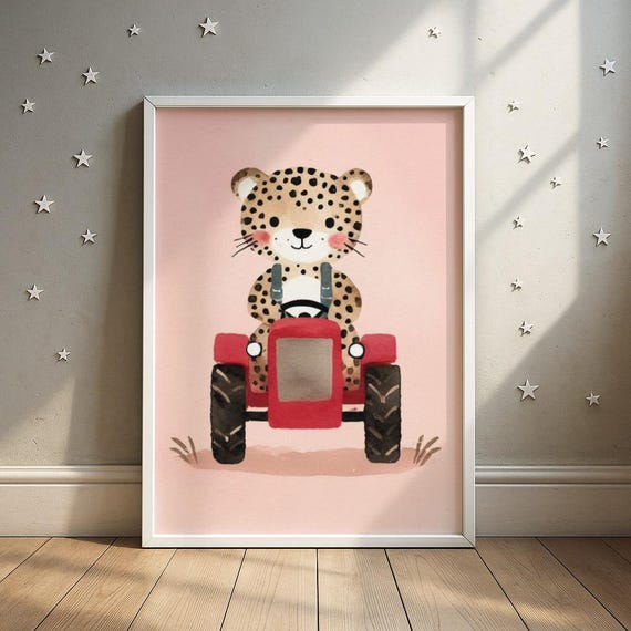 Tractordriving Leopard Print Cheetah Cub On Farm Tractor Illustration Kids Room Decor