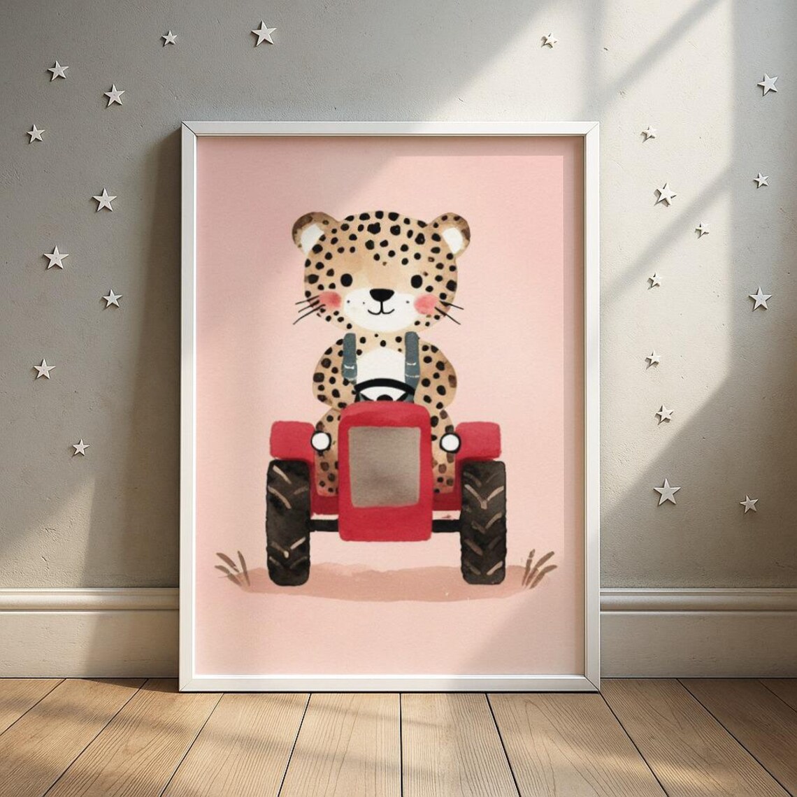 Playful Leopard Cub Driving A Red Farm Tractor Nursery Poster